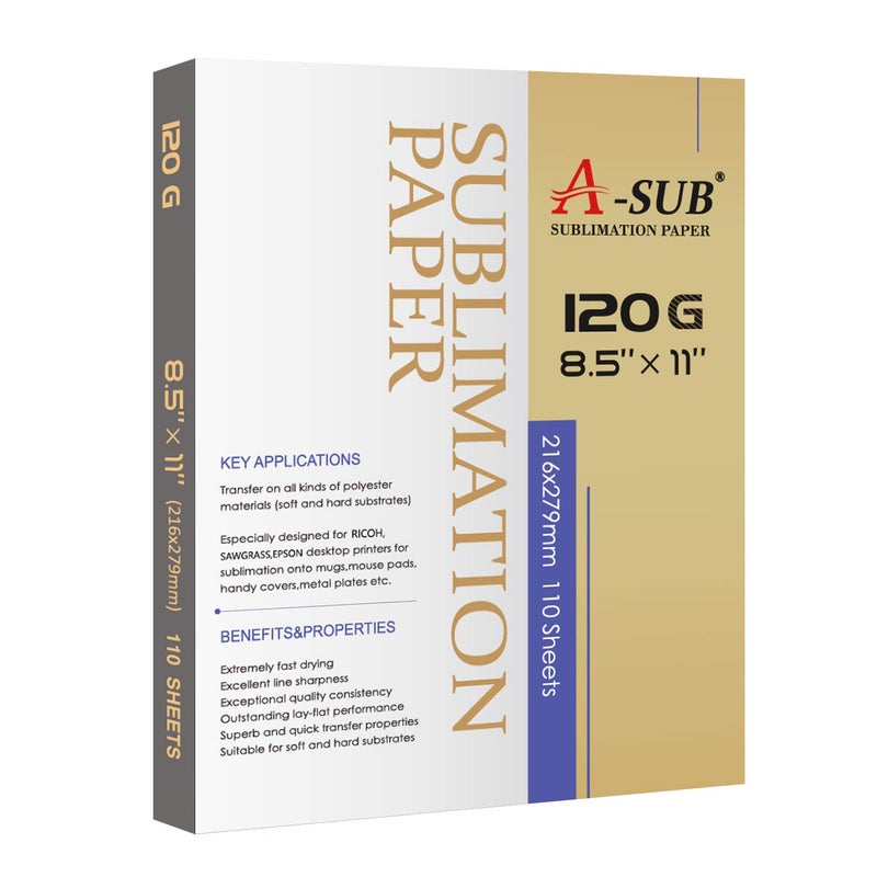 A-SUB Sublimation Paper 8.5x11 Inch 120GSM, 110 Sheets - Compatible with Inkjet Printers & Sublimation Inks, High Transfer Efficiency for T-Shirts, Mugs, Crafts - Image 1